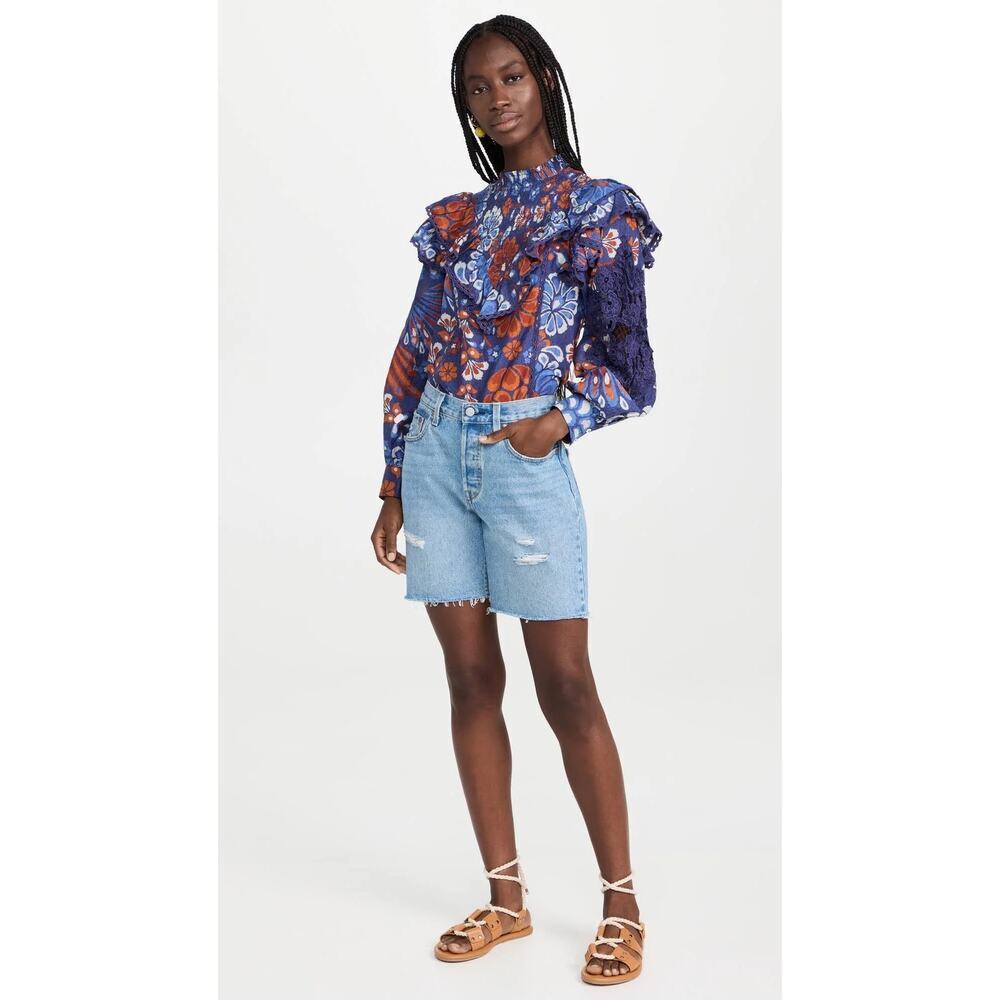 Farm Rio Pineapple Flowers Navy Ruffled Blouse Size XS - Picture 12 of 16